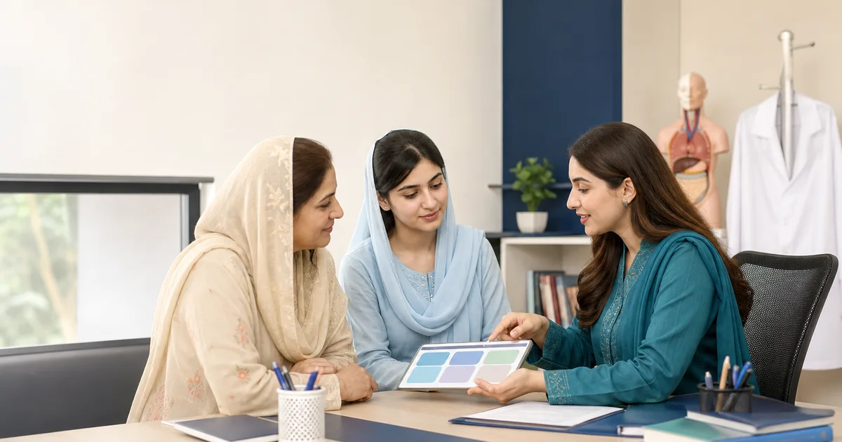 An EIRA advisor discussing healthcare study paths with a student and her mother